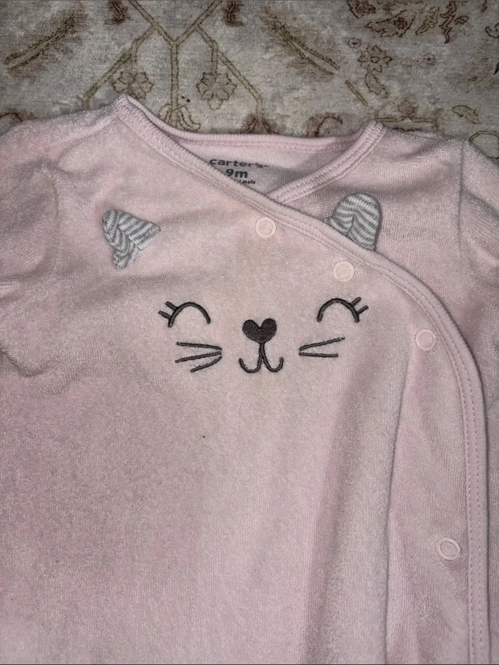 Carter’s Light Pink Cat Onesie - Baby’s size 9 Months